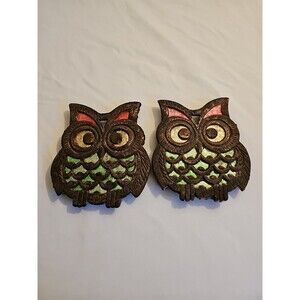 Vintage set of 2 Owl Trivet Metal with Stained Glass Look Footed